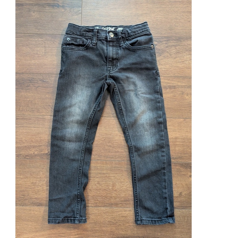 Cat & Jack Boys Taper Stretch Jeans Charcoal Gray Faded Black Size 6 Adjustable